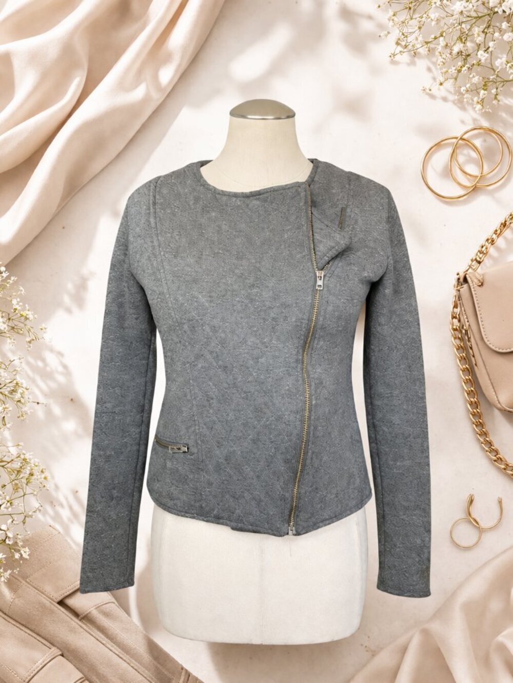 Athleta Gray Moto Zip Quilted Jacket S